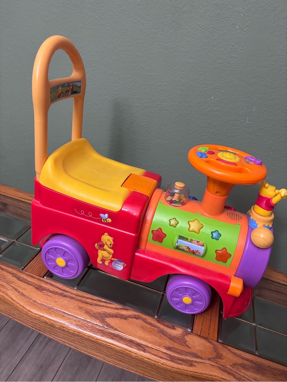 Vintage Disney  Winnie the Pooh Ride On Train Toy Lights Sounds Push Rider